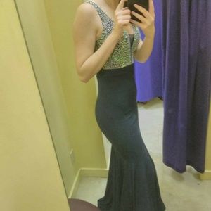V-Neck Navy Blue Prom Dress
